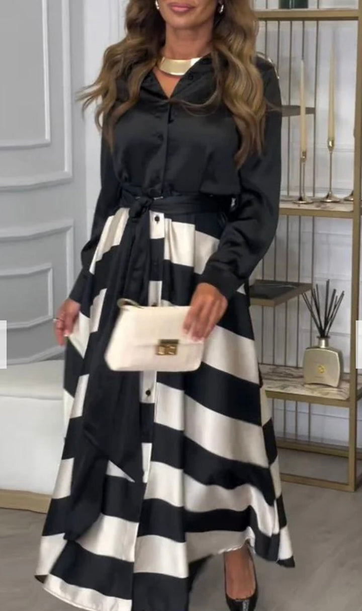 Elegancka sukienka damska dwuczęściowa w paski, stylizacja na wyjątkowe okazje.
