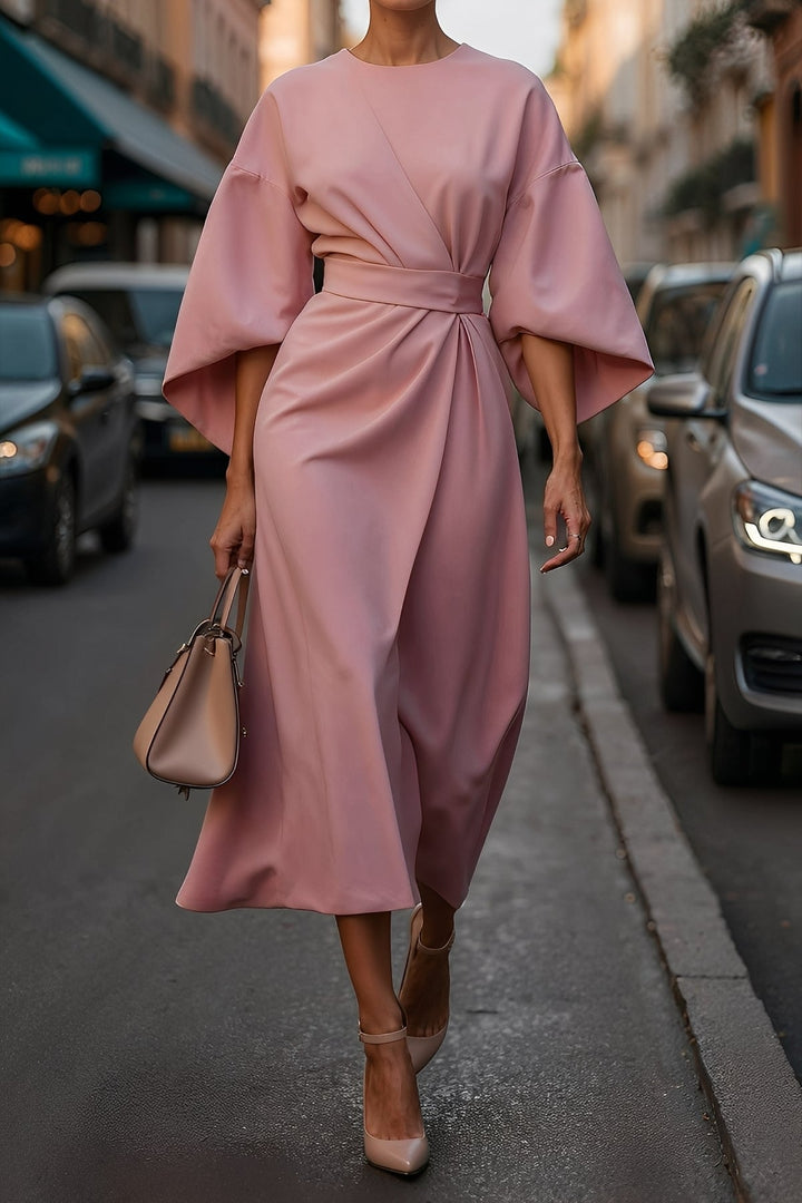 Modna sukienka midi Elena z paskiem podkreślającym talię. Elegancka damska sukienka na jesień.
