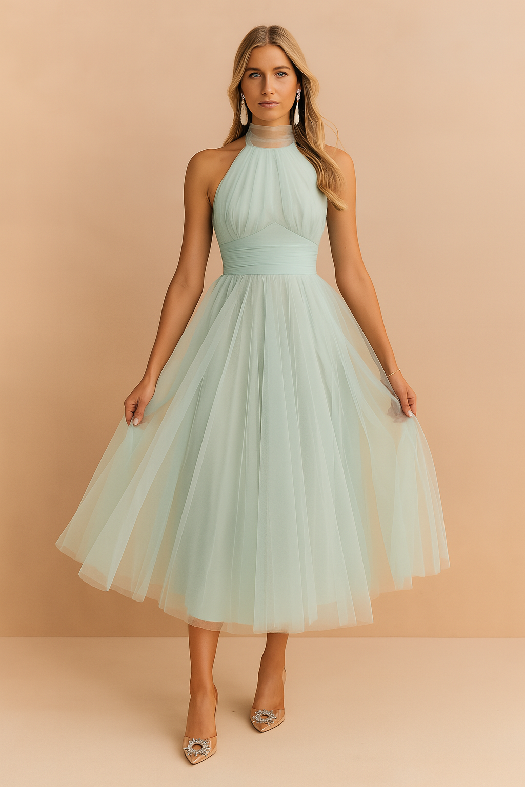 Moda damska: elegancka rozkloszowana sukienka midi. Klasyczna kreacja na wesele.