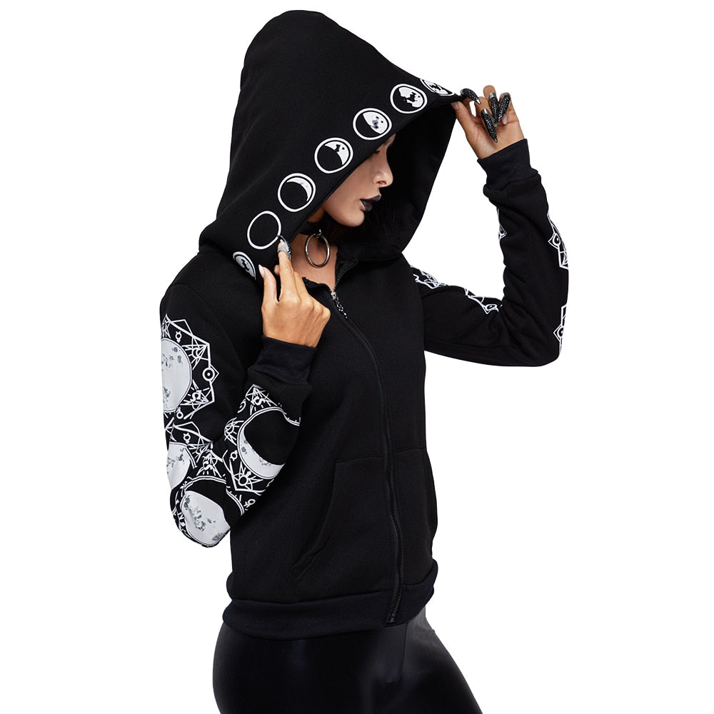 Damska gotycka bluza rozpinana z kapturem, mroczny styl. Idealna do streetwearu, wygodna dzianina na co dzień.