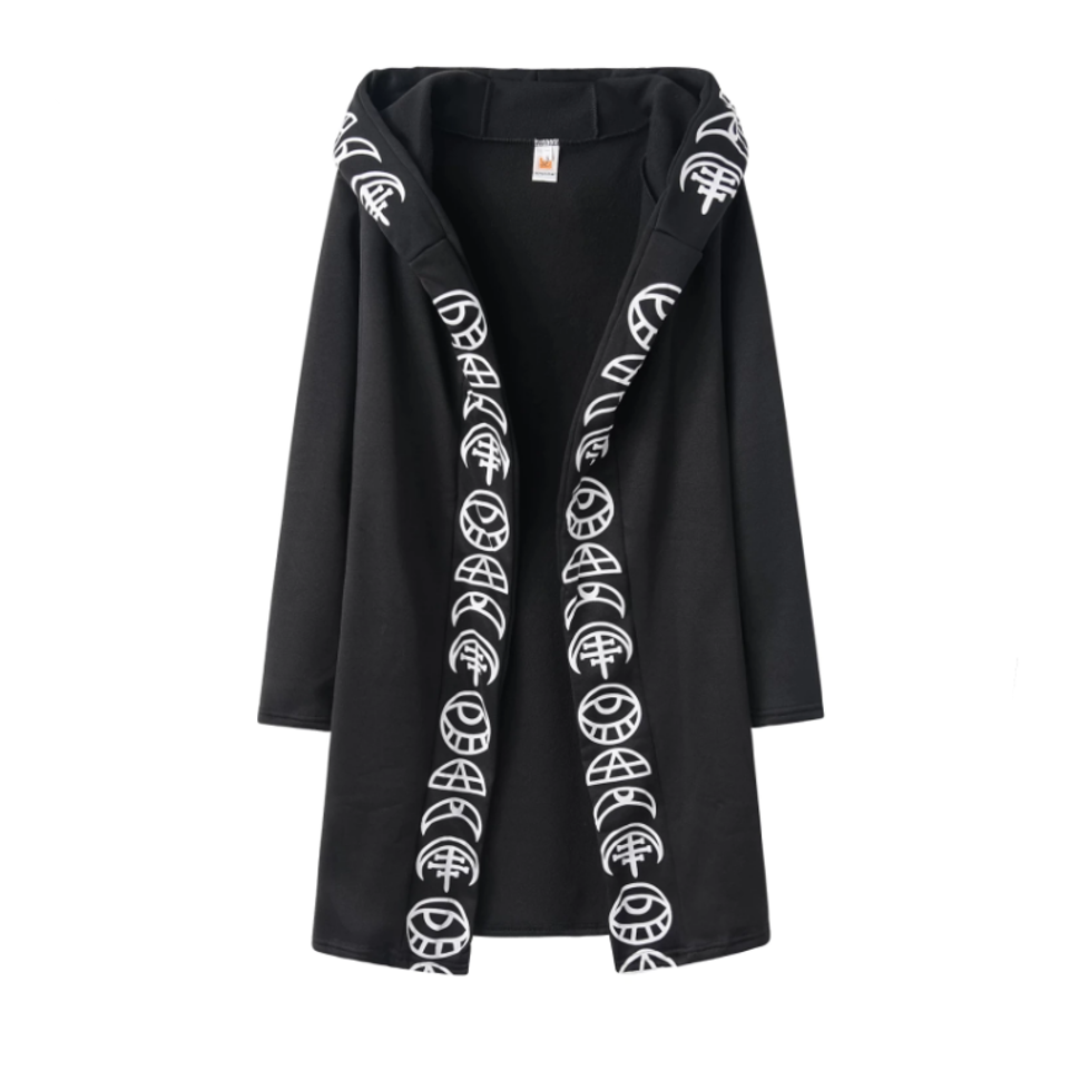 Gotycka bluza damska rozpinana z kapturem, z dzianiny. Mroczny design, streetwear, oversize, idealna na jesień.