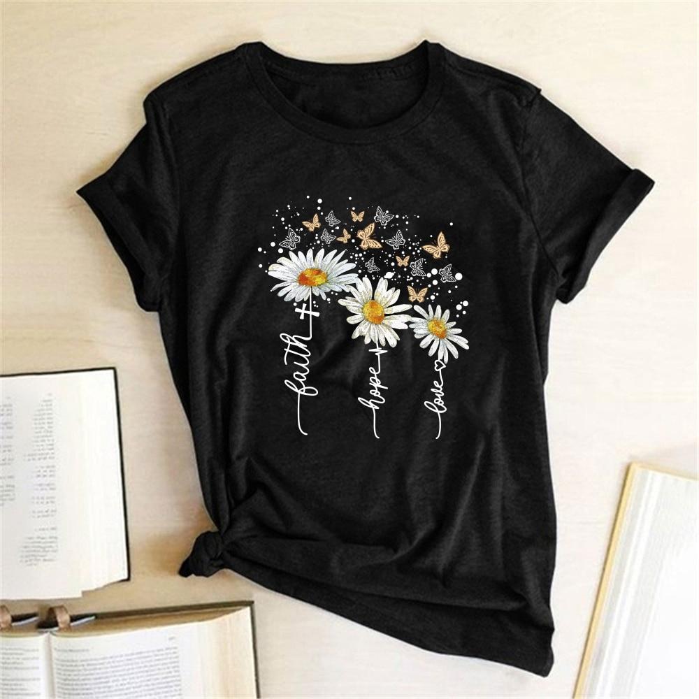 Damska koszulka T-shirt z kwiatowym nadrukiem, idealna na lato. Wygodna, casualowa moda damska.