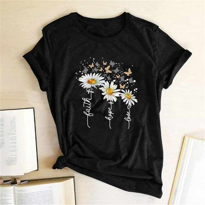 Damska koszulka T-shirt z kwiatowym nadrukiem, idealna na lato. Wygodna, casualowa moda damska.