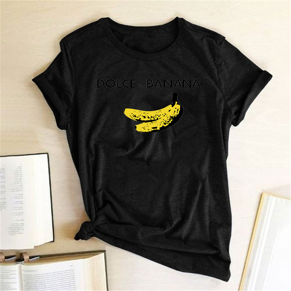 Damska koszulka T-shirt z tropikalnym motywem bananów, idealna na wakacje i upalne dni.