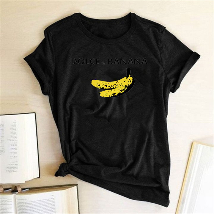 Damska koszulka T-shirt z tropikalnym motywem bananów, idealna na wakacje i upalne dni.
