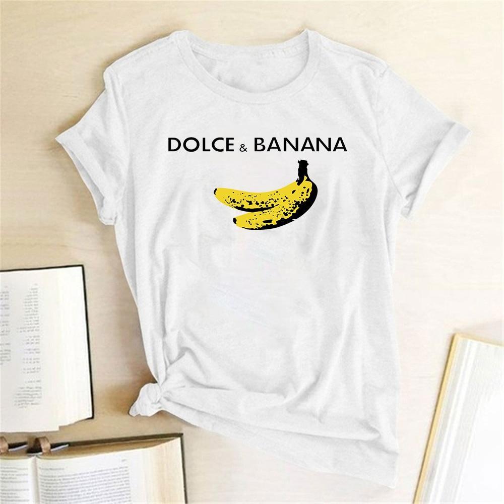 Wygodna damska koszulka T-shirt casual z bananowym motywem, swobodny krój na co dzień.