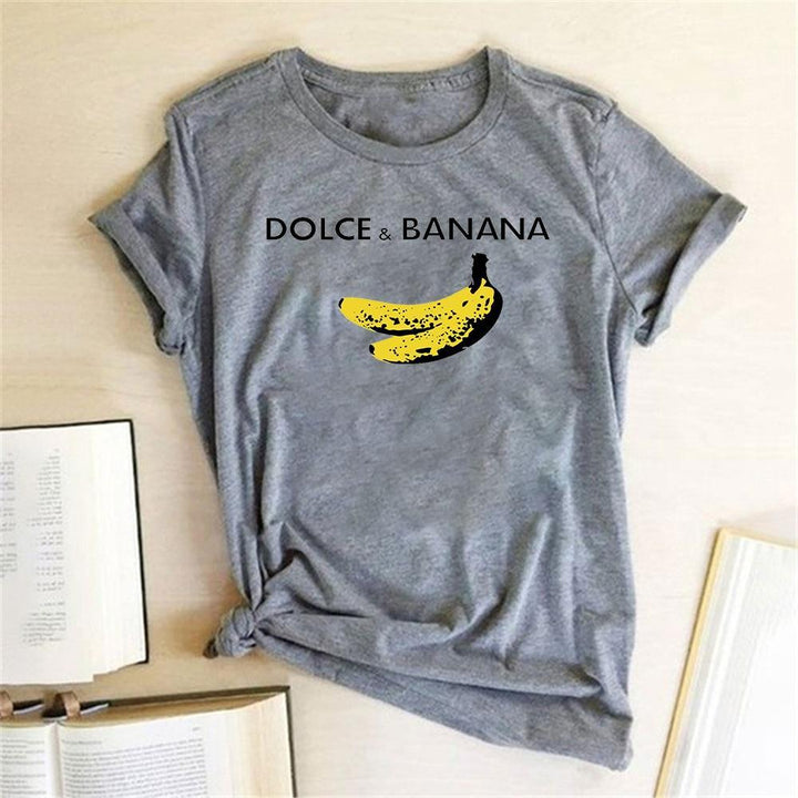 Casualowy T-shirt damski z motywem bananów, komfortowy i na topie, idealny na lato.