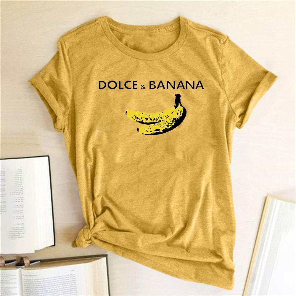 Damski T-shirt z zabawnym wzorem bananów, must-have na słoneczne dni, modna odzież.