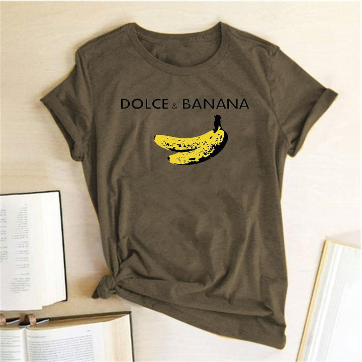 Wygodny T-shirt damski z motywem bananowym, doskonały do letnich stylizacji, casual.