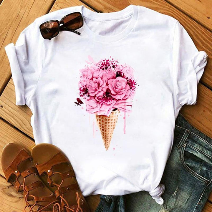 Damska koszulka T-shirt z modnymi wzorami, luźny krój dla wygody. Idealna na lato i casualowe stylizacje.