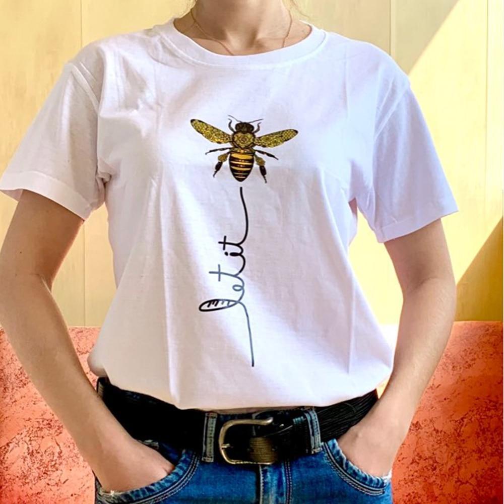 Damska koszulka T-shirt z uroczym motywem pszczoły. Idealna na lato, casualowy styl, luźny fason.