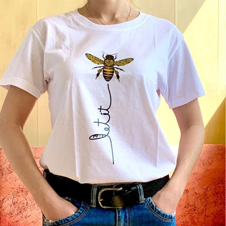 Damska koszulka T-shirt z uroczym motywem pszczoły. Idealna na lato, casualowy styl, luźny fason.