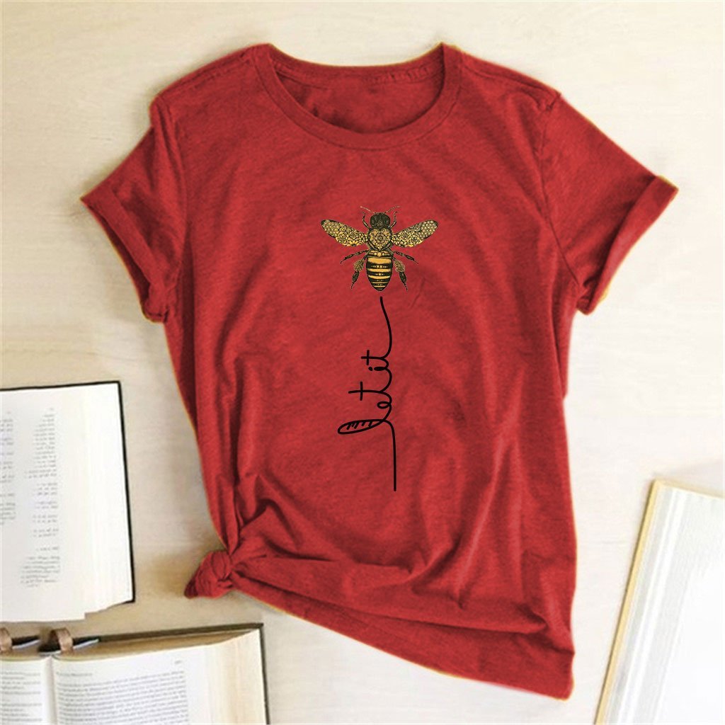 Damski T-shirt casual z motywem pszczoły. Letnia moda, luźny krój, idealna na każdą okazję.