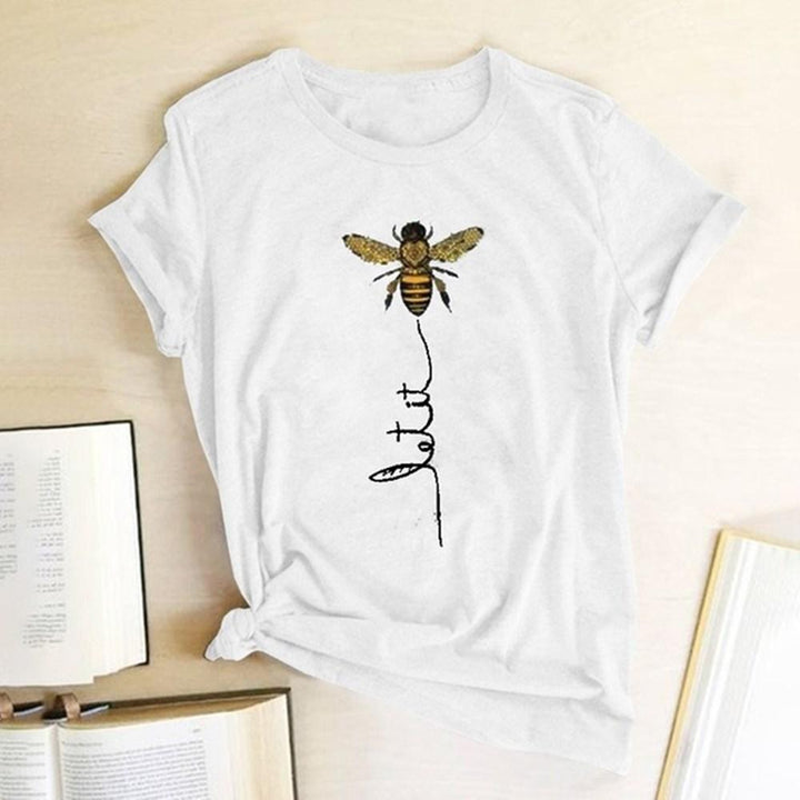 Stylowa damska koszulka letnia z nadrukiem uroczej pszczoły. T-shirt casual, okrągły dekolt.