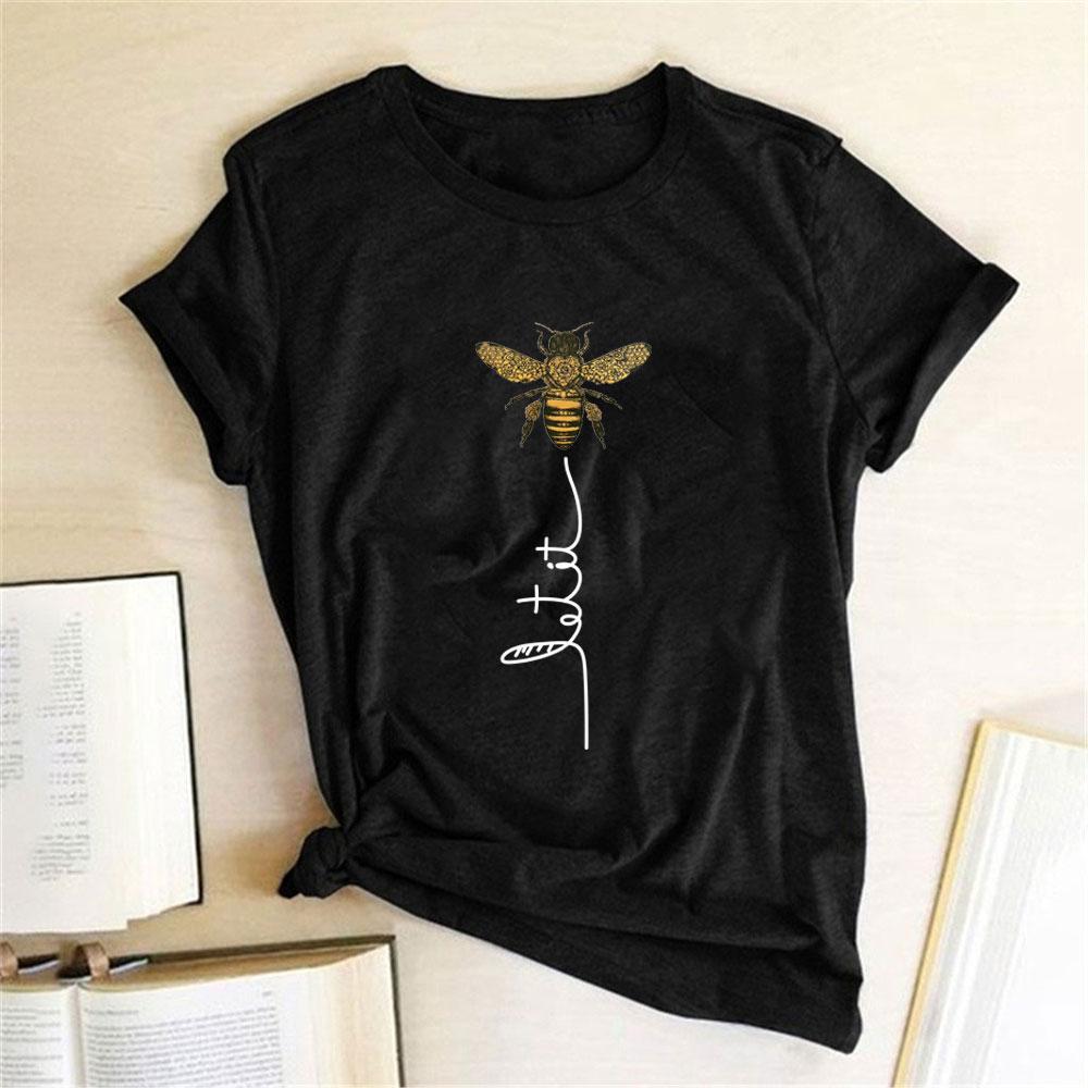 Modna damska koszulka T-shirt z grafiką pszczoły. Luźny krój, idealna na lato, codzienna moda.