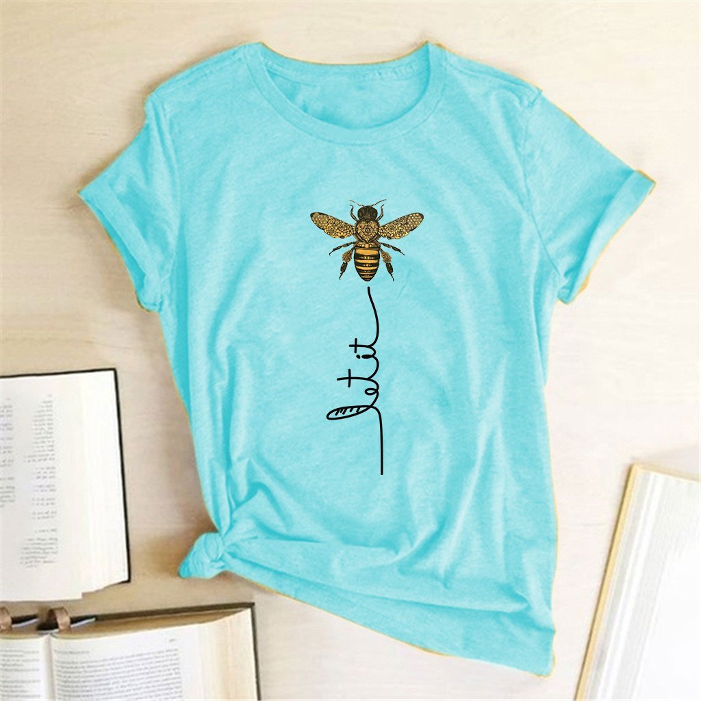 Wygodna damska koszulka letnia z motywem pszczoły. Casualowy T-shirt z okrągłym dekoltem.