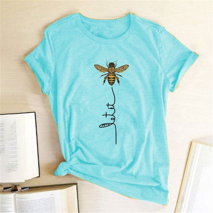 Wygodna damska koszulka letnia z motywem pszczoły. Casualowy T-shirt z okrągłym dekoltem.