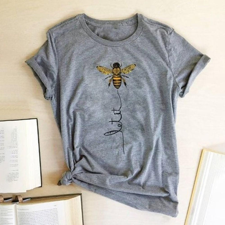 Damski T-shirt z uroczą pszczołą, letni must-have. Luźna koszulka, casualowy styl, moda.