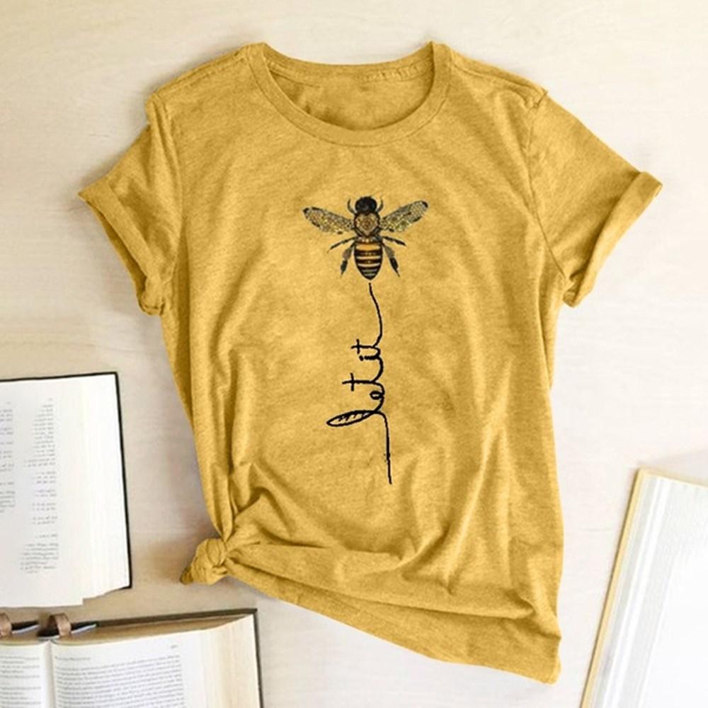 Lekka damska koszulka letnia z pszczołą. Luźny T-shirt z okrągłym dekoltem na co dzień.