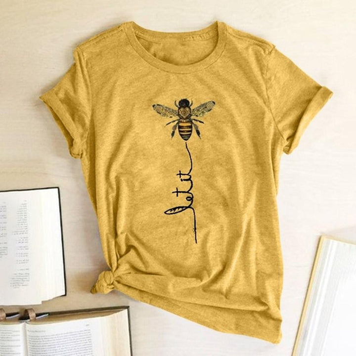 Lekka damska koszulka letnia z pszczołą. Luźny T-shirt z okrągłym dekoltem na co dzień.