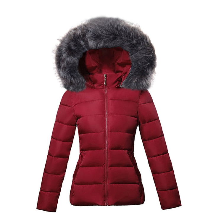 Damska kurtka zimowa slim fit z kapturem, eleganckie futerko, ocieplana, wodoodporna, moda zimowa.