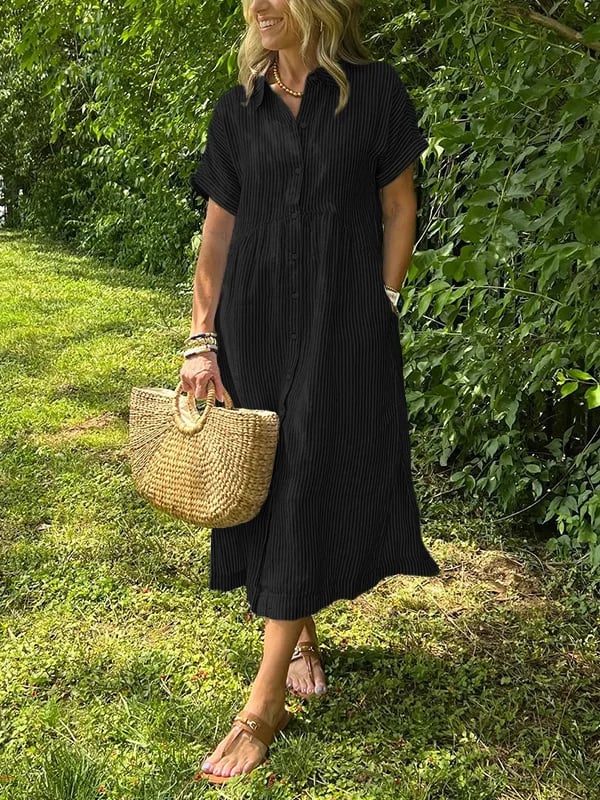 Elegancka letnia sukienka damska midi w paski. Lekka i przewiewna, stylizacje na dzień i wieczór.