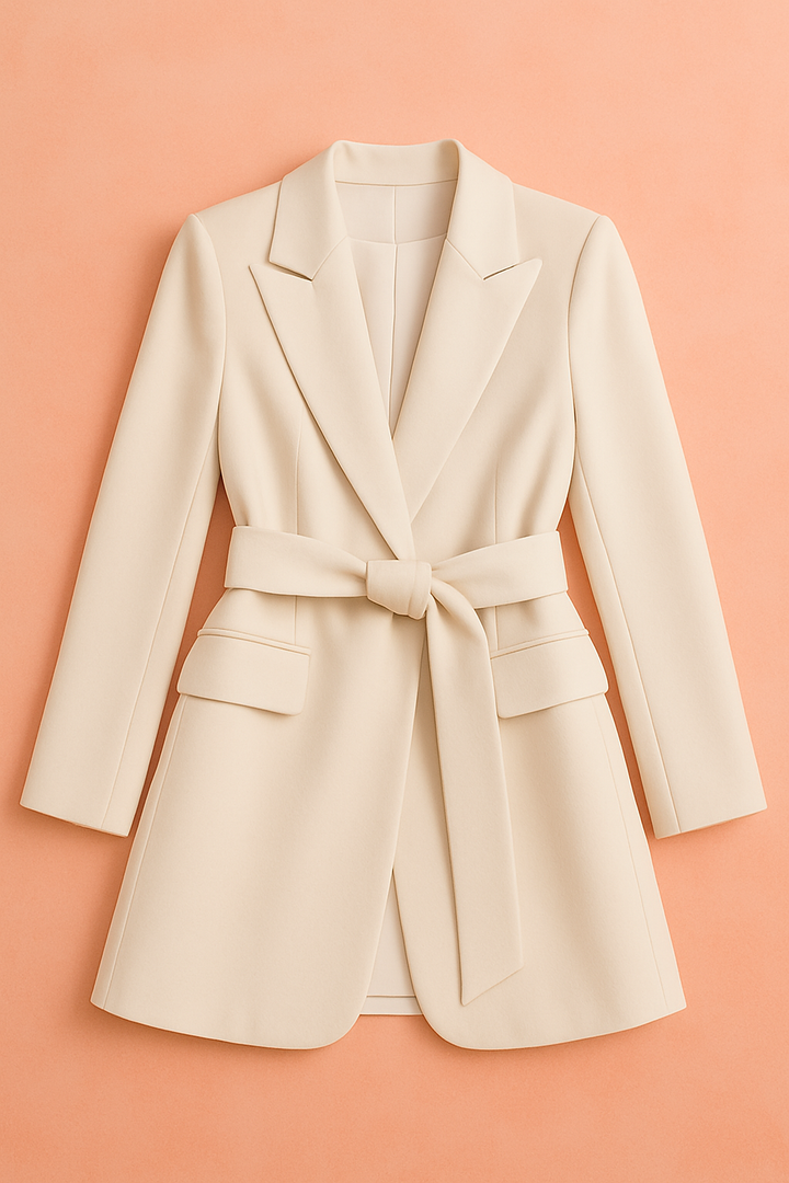 Modelka prezentuje damską marynarkę Kiera z paskiem. Idealny blazer na biznesowe spotkania i stylowe wyjścia.