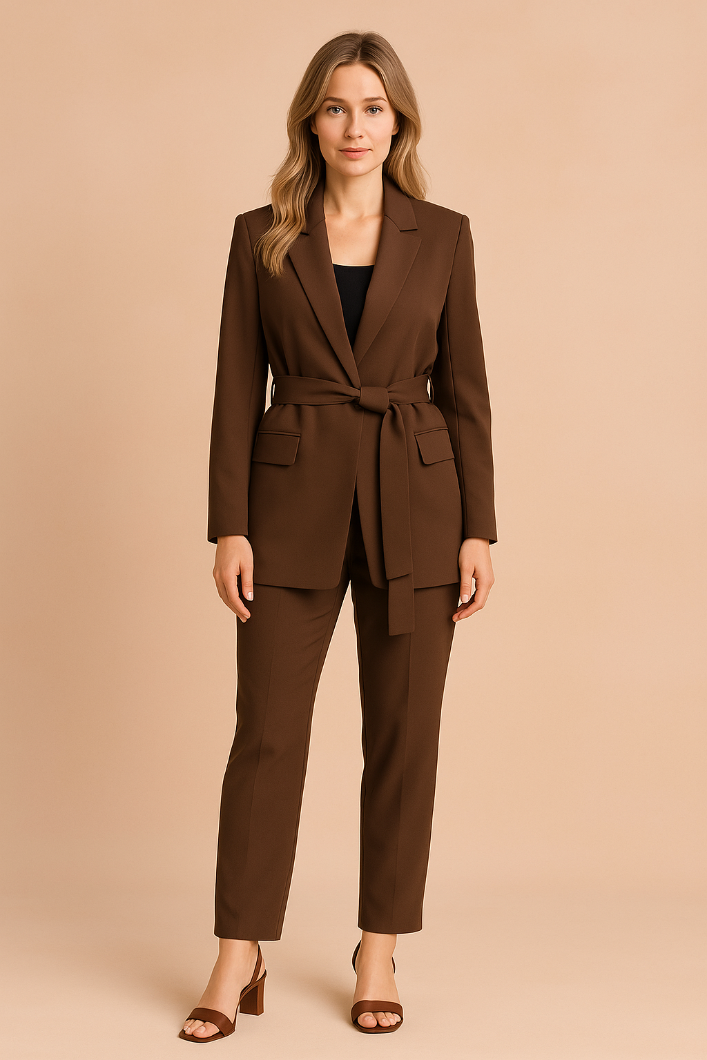 Elegancka marynarka damska Kiera z paskiem, wizytowa. Doskonała na formalne wyjścia i jako stylowy blazer do biura.