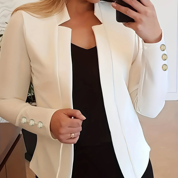 Damska marynarka elegancka, otwarty przód, długi rękaw, modna odzież damska.