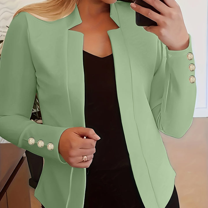 Marynarka damska typu smart casual, otwarty przód, długi rękaw, w stylizacji.