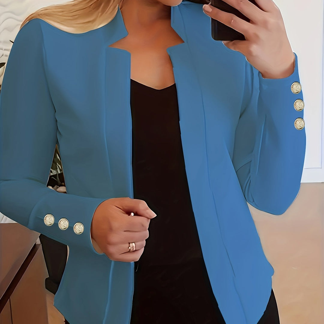 Czarny elegancki żakiet damski, długi rękaw, otwarty przód, wszechstronny.