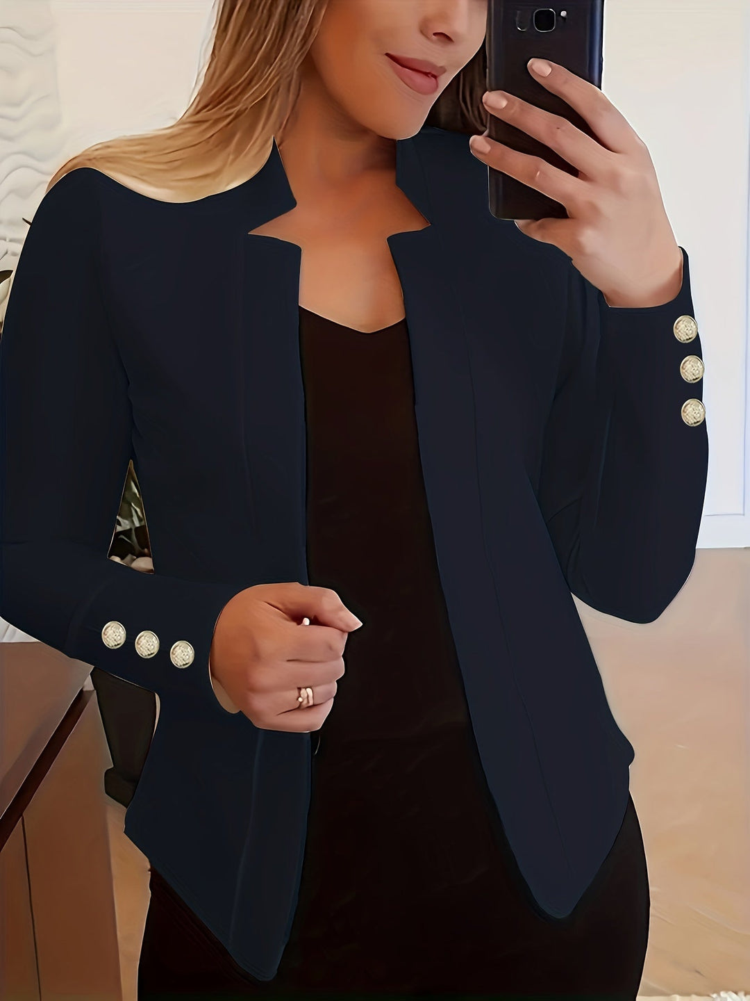 Szary żakiet damski, długi rękaw, otwarty fason, wszechstronny smart casual.