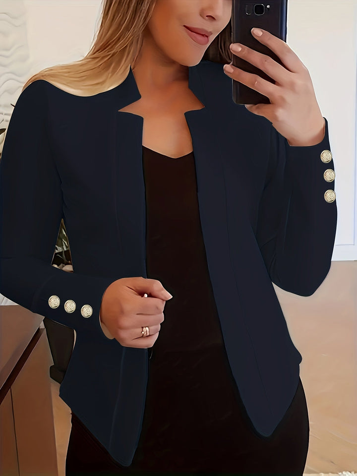 Szary żakiet damski, długi rękaw, otwarty fason, wszechstronny smart casual.