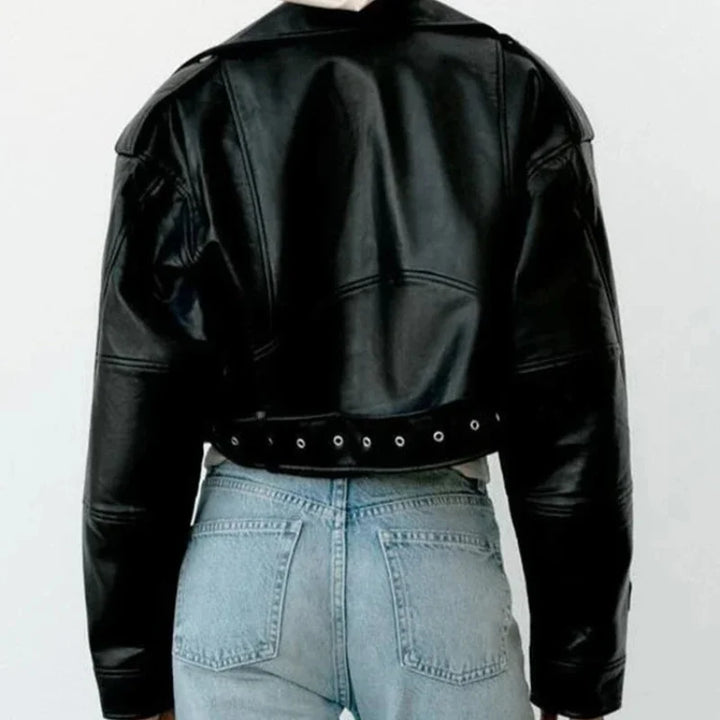 Stylowa damska ramoneska skórzana oversize, krótka kurtka przejściowa z zamkiem, idealna do streetwearu.