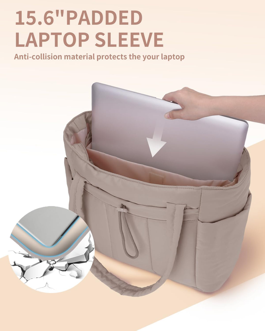 Duża pikowana torba damska. Shopper z miejscem na laptopa, uchwytem na kubek i wieloma kieszeniami.