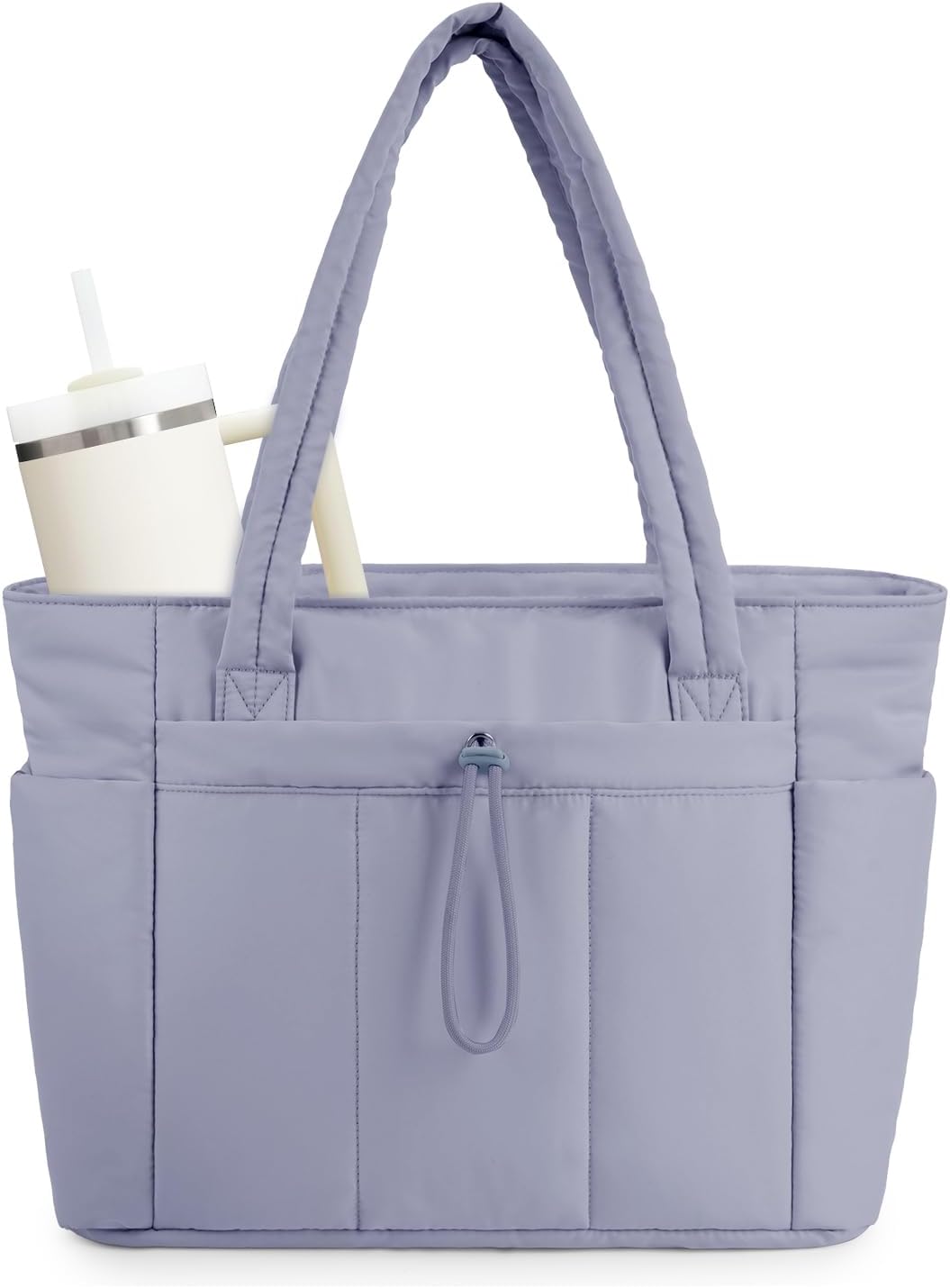 Funkcjonalna pikowana torebka damska. Duża torba shopper z miejscem na laptopa i uchwytem na napój.
