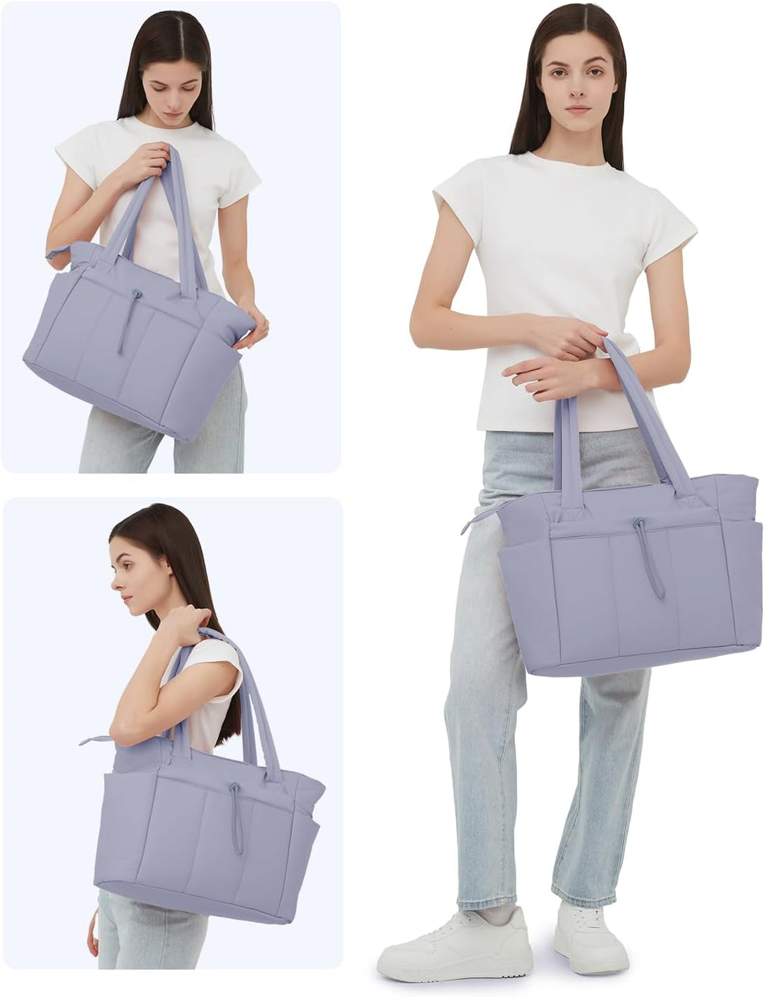 Praktyczny organizer w pikowanej torbie damskiej. Shopper z miejscem na laptopa i uchwytem na kubek.
