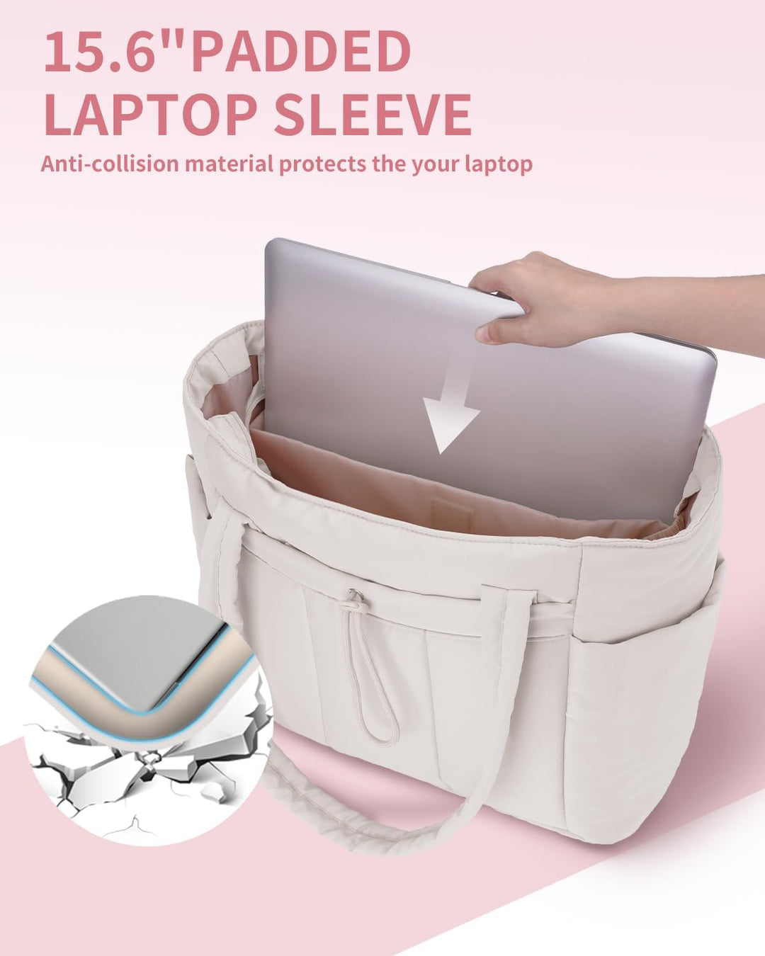 Duża pikowana torba do pracy. Damska torebka shopper z uchwytem na kubek i kieszenią na laptopa.