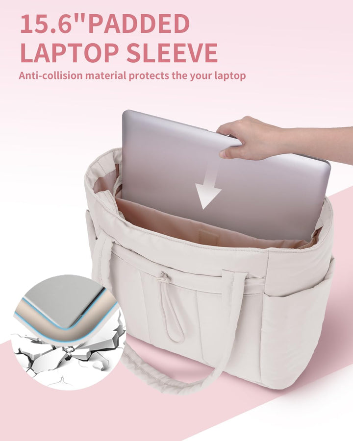 Duża pikowana torba do pracy. Damska torebka shopper z uchwytem na kubek i kieszenią na laptopa.