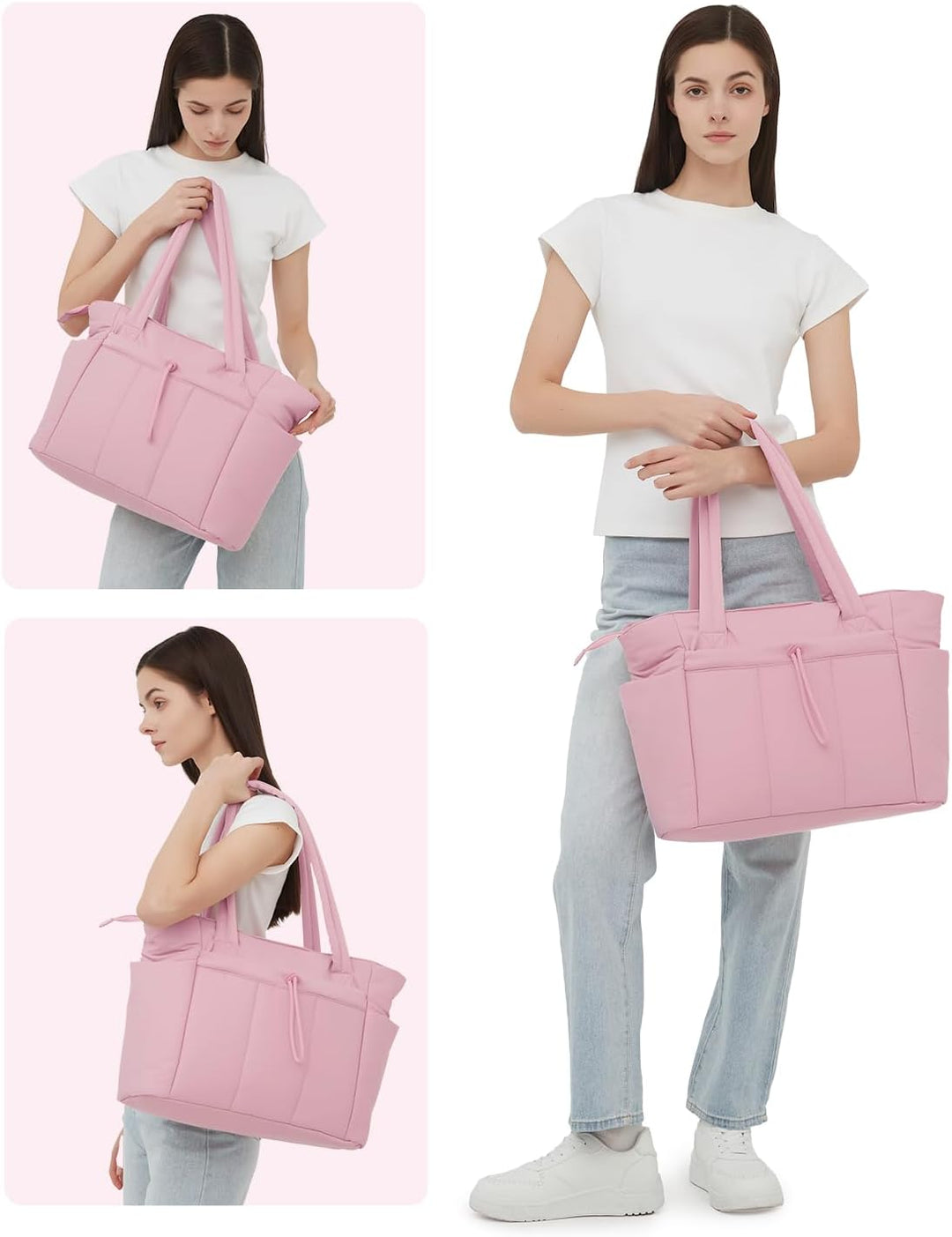 Praktyczna damska torba na laptopa i akcesoria. Pikowana torebka shopper z uchwytem na kubek.