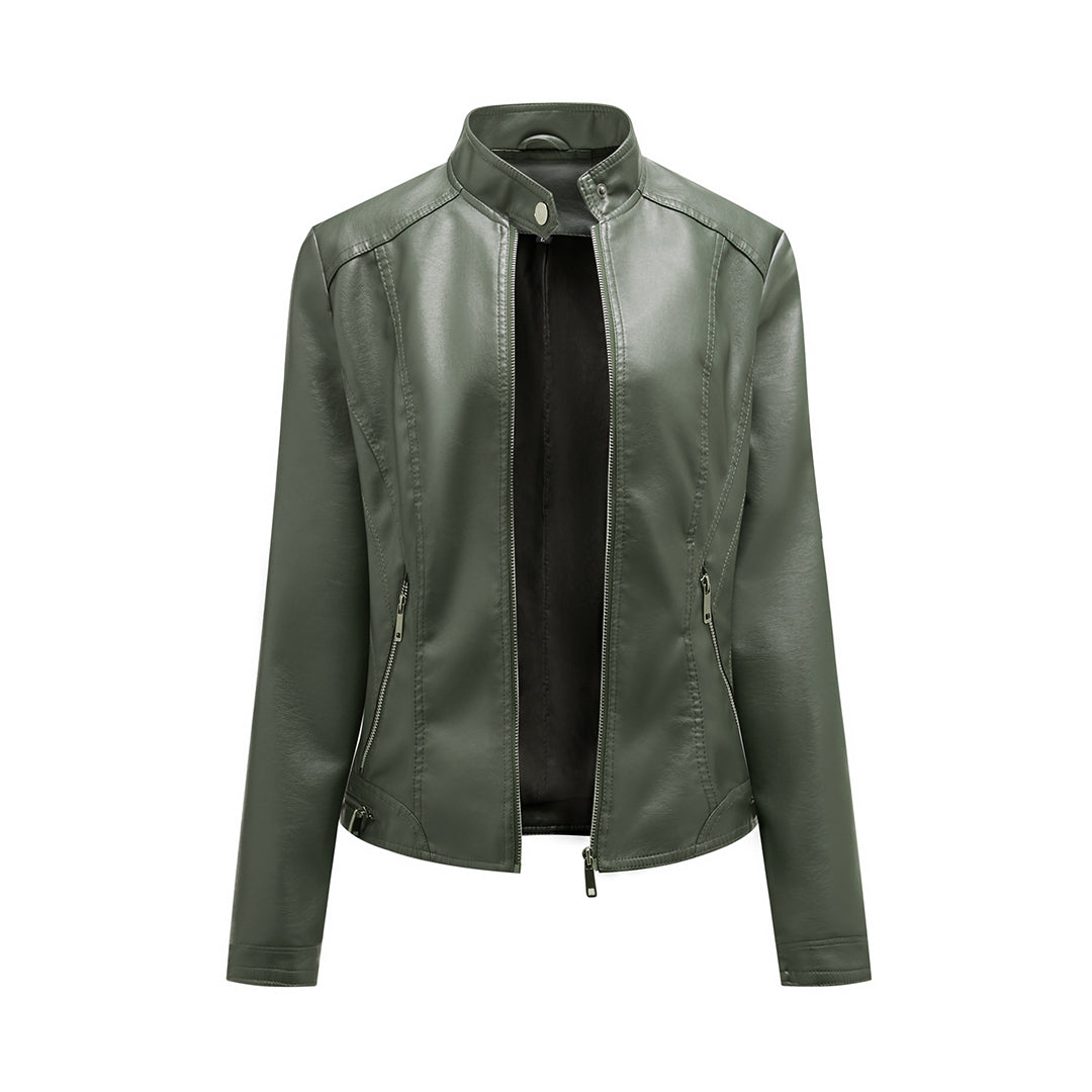 Elegancka czarna kurtka skórzana ramoneska damska. Modny styl biker, idealna na chłodniejsze dni.