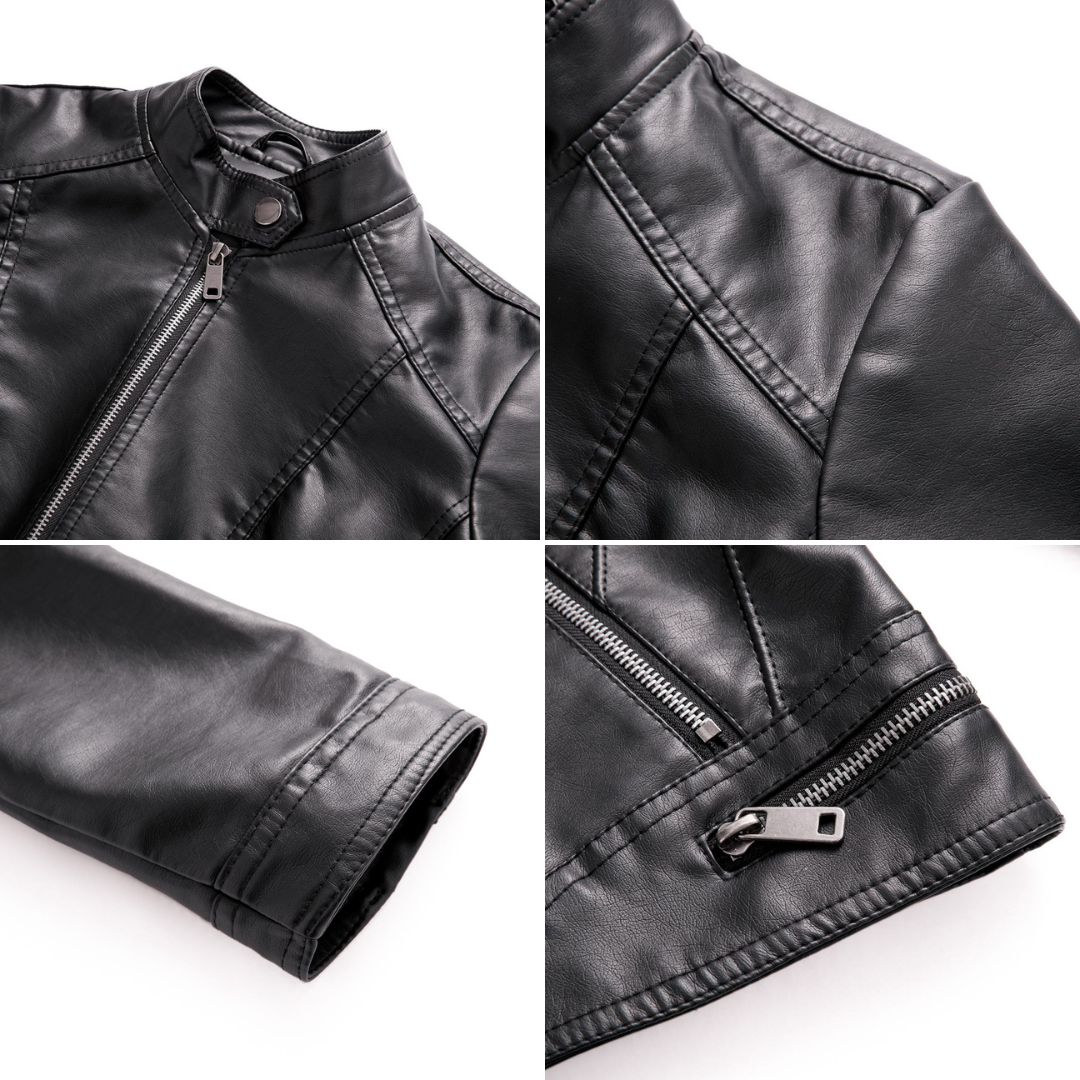 Modna damska ramoneska skórzana. Czarna kurtka biker, przejściowa i elegancka, na co dzień.