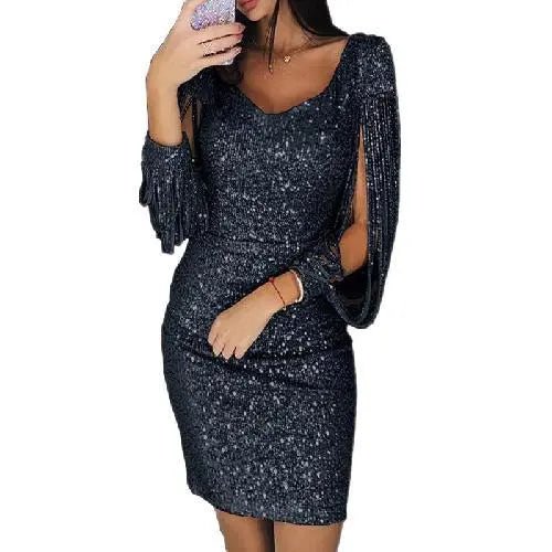 Elegancka czerwona sukienka mini cekinowa z długim rękawem, idealna na wieczorową imprezę.