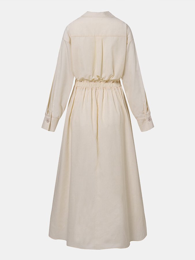 Stylowa sukienka damska maxi koszulowa z kołnierzykiem, długie rękawy. Elegancja na co dzień i do biura.