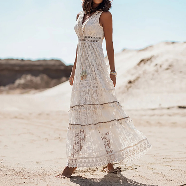 Zwiewna sukienka boho maxi bez rękawów z eleganckim dekoltem w serek, beżowa.