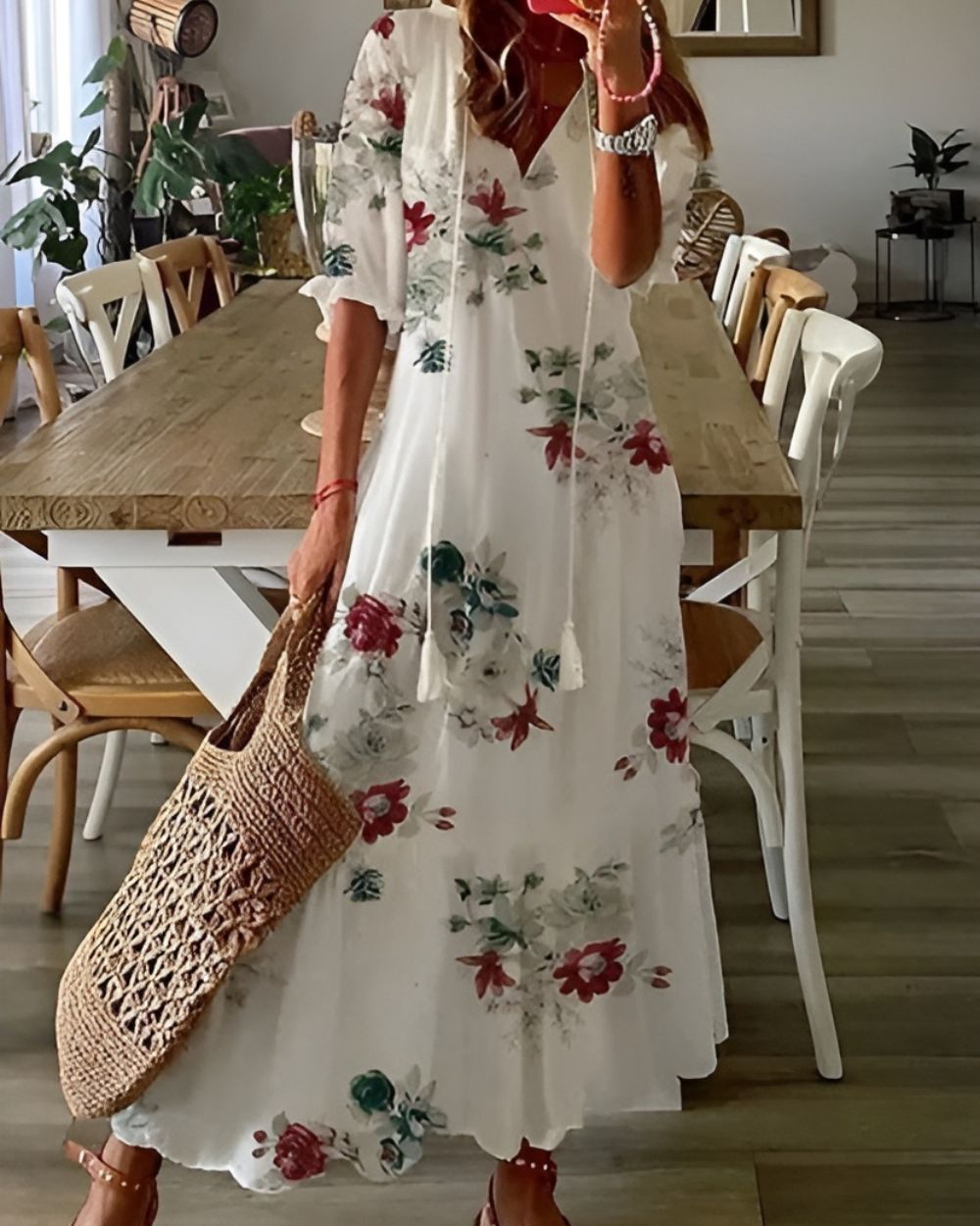 Wiosenna sukienka damska maxi boho z wzorem, luźna i wygodna, perfekcyjna na co dzień i lato.