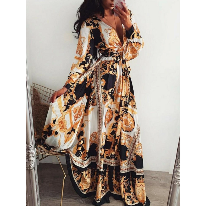 Elegancka sukienka maxi z długim rękawem, kopertowy krój boho z głębokim dekoltem V dla kobiet.