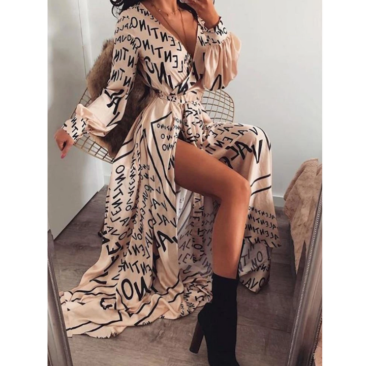 Modna damska sukienka maxi boho z kopertowym wiązaniem, długim rękawem i zwiewnym dołem, na każdą okazję.