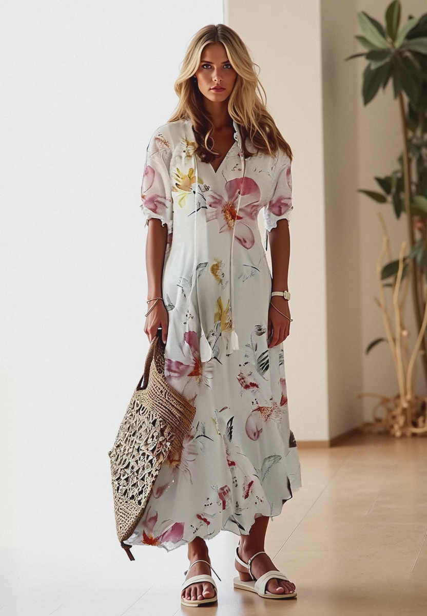 Zwiewna sukienka maxi damska boho z krótkim rękawem, dekoltem V i eleganckim, wzorzystym deseniem.