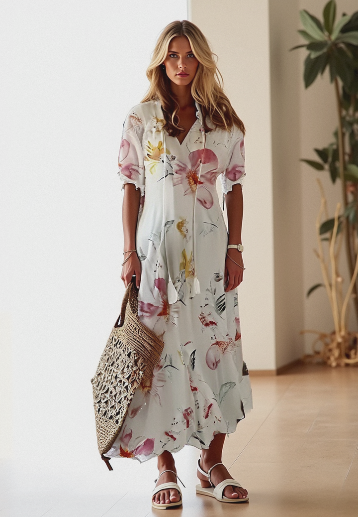 Zwiewna sukienka maxi damska boho z krótkim rękawem, dekoltem V i eleganckim, wzorzystym deseniem.